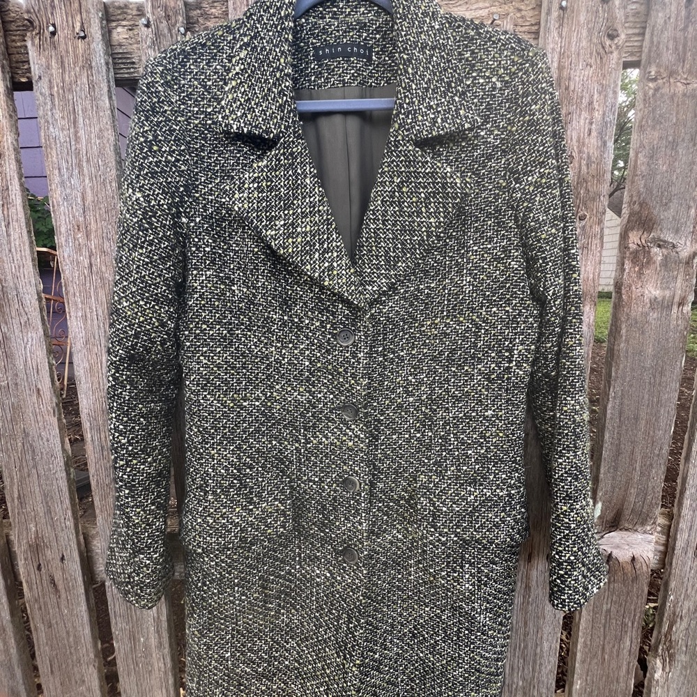 Shin Choi wool blend long jacket/coat in a black, white and green tweed, EUC